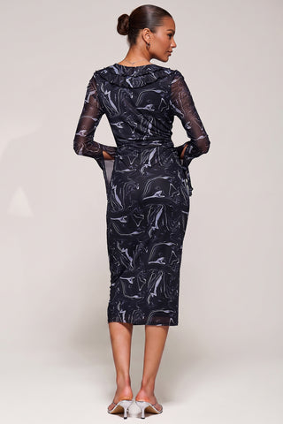 V-Neckline Mesh Bodycon Midaxi Dress, Black Abstract