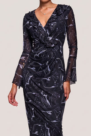 V-Neckline Mesh Bodycon Midaxi Dress, Black Abstract