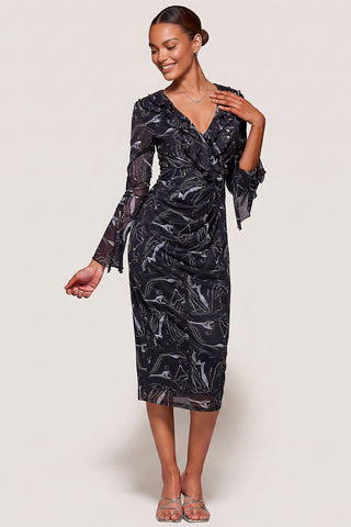 V-Neckline Mesh Bodycon Midaxi Dress, Black Abstract