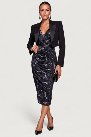 V-Neckline Mesh Bodycon Midaxi Dress, Black Abstract