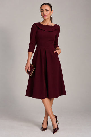 Fold Collar Button Dress, Burgundy