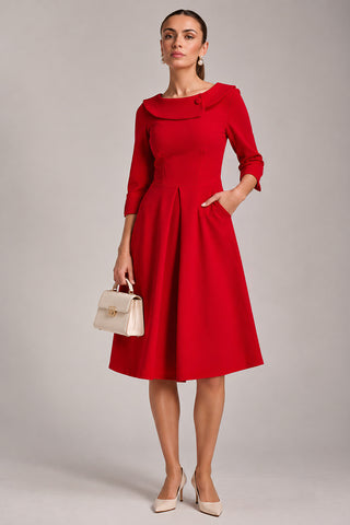 Fold Collar Button Dress, Poppy Red