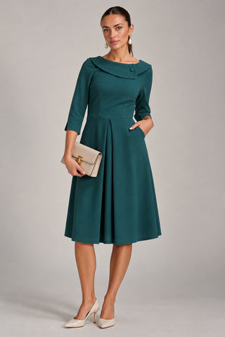 Fold Collar Button Dress, Retro Green