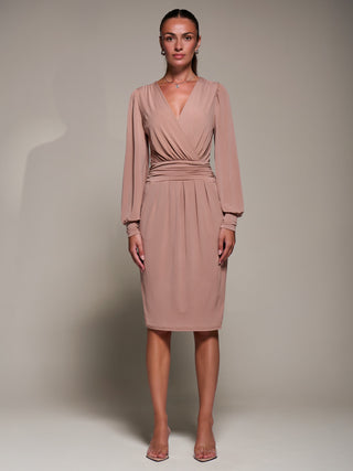 Long Balloon Sleeve Jersey Midi Dress, Dusty Pink