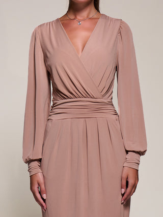 Long Balloon Sleeve Jersey Midi Dress, Dusty Pink