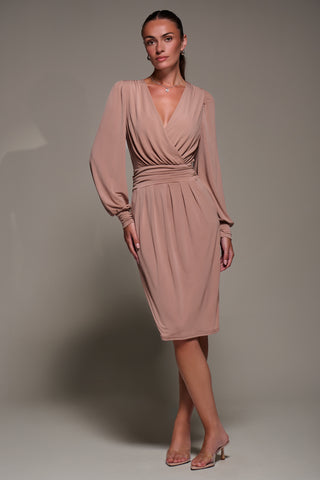 Long Balloon Sleeve Jersey Midi Dress, Dusty Pink