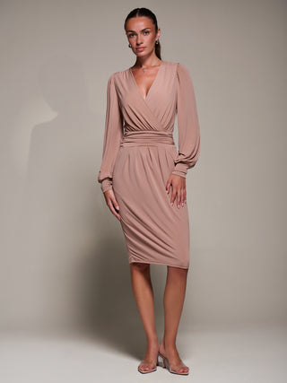 Long Balloon Sleeve Jersey Midi Dress, Dusty Pink