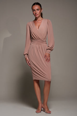 Long Balloon Sleeve Jersey Midi Dress, Dusty Pink