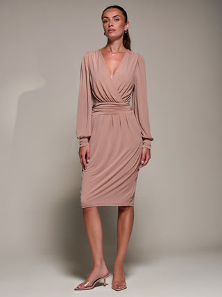 Long Balloon Sleeve Jersey Midi Dress, Dusty Pink