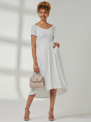 Fit & Flare Pleated Ponte Midi Dress, White Polka Dot Jolie Moi Retail Fit & Flare Pleated Ponte Midi Dress, White Polka Dot Jolie Moi Retail