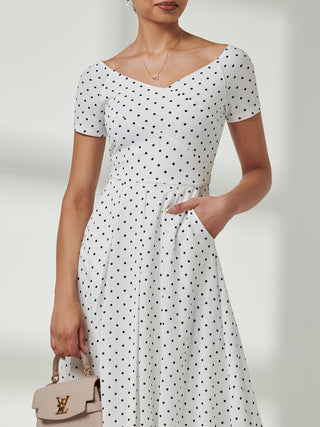 Fit & Flare Pleated Ponte Midi Dress, White Polka Dot