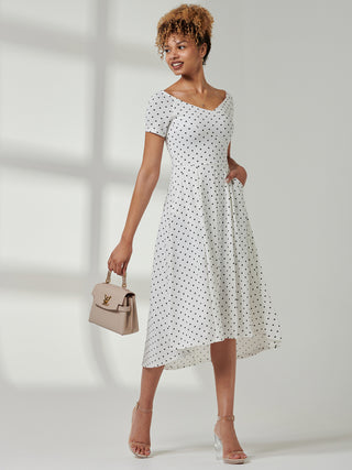 Fit & Flare Pleated Ponte Midi Dress, White Polka Dot