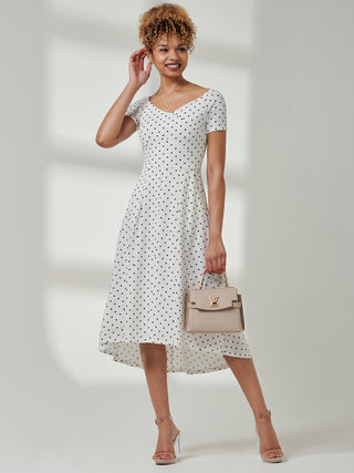 Fit & Flare Pleated Ponte Midi Dress, White Polka Dot