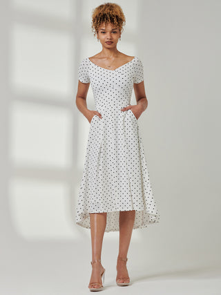 Fit & Flare Pleated Ponte Midi Dress, White Polka Dot