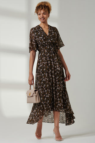 Floral Front Tie Midi Dress, Black Floral