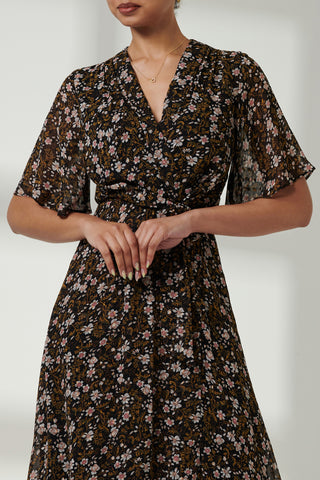 Floral Front Tie Midi Dress, Black Floral