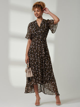 Jolie Moi Angel Sleeve Wrap Tie Front Maxi Dress, Black Floral