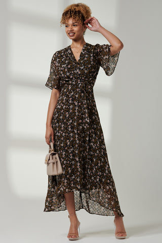 Floral Front Tie Midi Dress, Black Floral