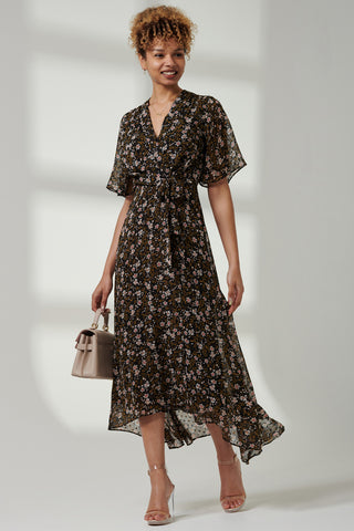 Floral Front Tie Midi Dress, Black Floral