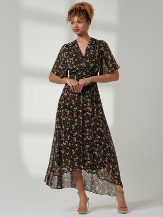 Jolie Moi Angel Sleeve Wrap Tie Front Maxi Dress, Black Floral