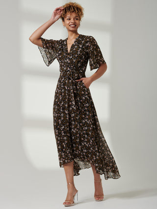 Jolie Moi Angel Sleeve Wrap Tie Front Maxi Dress, Black Floral