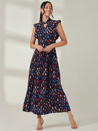 navy geo print satin frill shoulder split midi dress Cupshe Saddle Up Geo Midi Dress - Blue