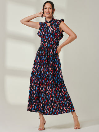 Jolie Moi Doris Frill Shoulder Maxi Dress, Navy Pattern