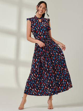 Jolie Moi Doris Frill Shoulder Maxi Dress, Navy Pattern