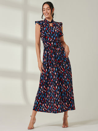 Jolie Moi Doris Frill Shoulder Maxi Dress, Navy Pattern