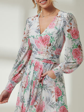 Floral Print Long Sleeve Mesh Midi Dress, White Floral