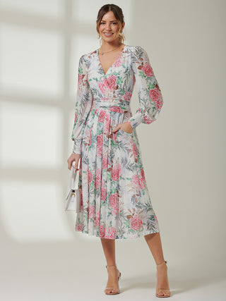 Floral Print Long Sleeve Mesh Midi Dress, White Floral