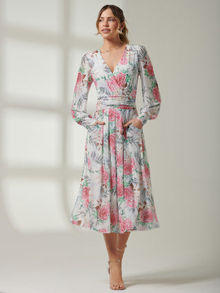 Floral Print Long Sleeve Mesh Midi Dress, White Floral