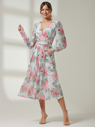 Floral Print Long Sleeve Mesh Midi Dress, White Floral