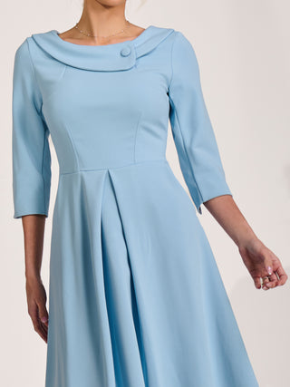 ¾ Sleeve Fold Neck Midi Dress, Light Blue