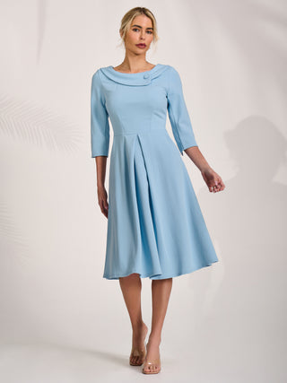 ¾ Sleeve Fold Neck Midi Dress, Light Blue