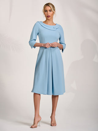 ¾ Sleeve Fold Neck Midi Dress, Light Blue