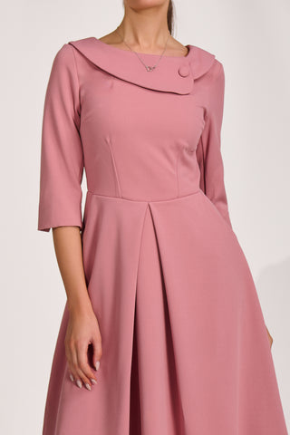 ¾ Sleeve Fold Neck Midi Dress, Mauve Pink