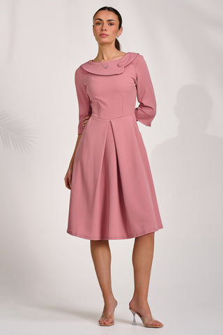 ¾ Sleeve Fold Neck Midi Dress, Mauve Pink