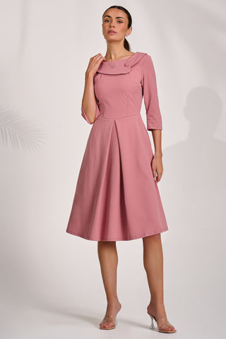 ¾ Sleeve Fold Neck Midi Dress, Mauve Pink