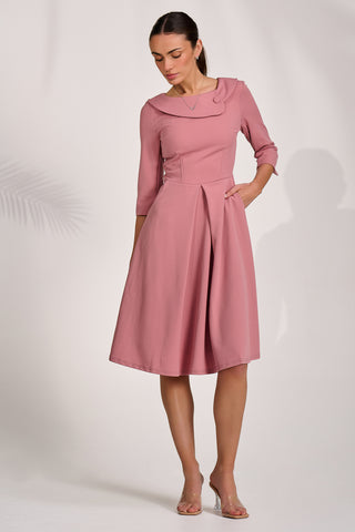 ¾ Sleeve Fold Neck Midi Dress, Mauve Pink