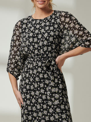 Chiffon Pleated Batwing Sleeve Maxi Dress, Black Floral