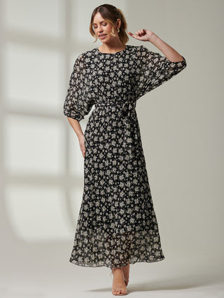 Chiffon Pleated Batwing Sleeve Maxi Dress, Black Floral