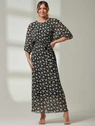 Chiffon Pleated Batwing Sleeve Maxi Dress, Black Floral