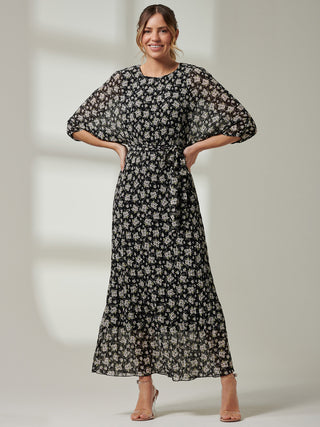 Chiffon Pleated Batwing Sleeve Maxi Dress, Black Floral