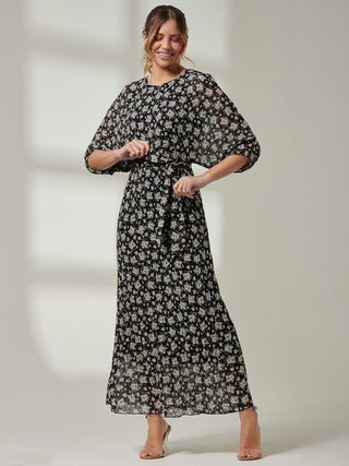 Chiffon Pleated Batwing Sleeve Maxi Dress, Black Floral