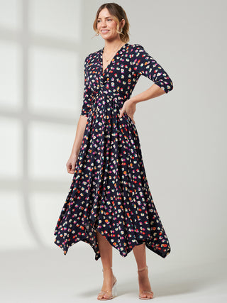 Jolie Moi Knot Front Hanky Hem Dress, Navy Floral