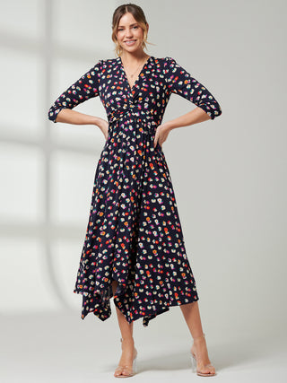 Jolie Moi Knot Front Hanky Hem Dress, Navy Floral