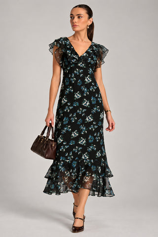 V Neckline Chiffon Midaxi Dress, Navy Multi