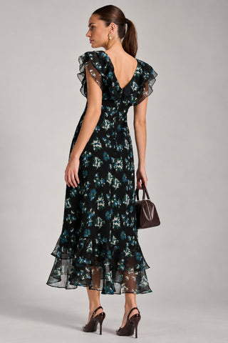 V Neckline Chiffon Midaxi Dress, Navy Multi