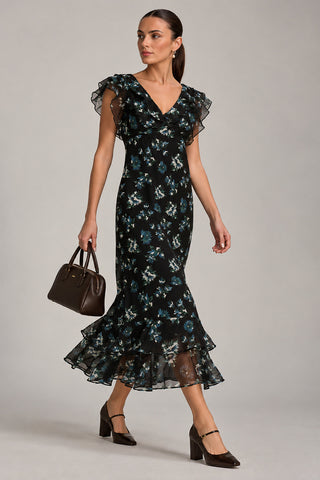 V Neckline Chiffon Midaxi Dress, Navy Multi